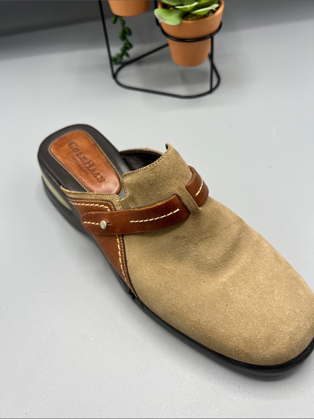 COLE HAAN Country Womens Size 8 B Tan Brown Suede Leather Wedge Slides